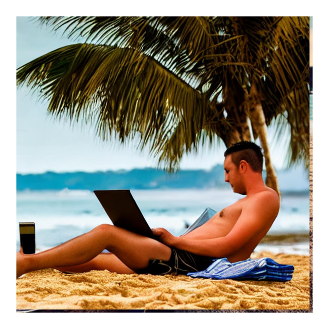 Man op het strand zittend met een laptop